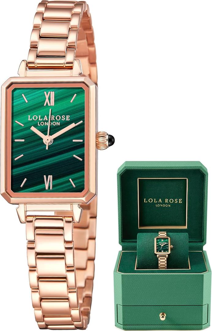 Lola Rose Dainty Women's Wrist Watch: Green Malachite Dial, Wrapped by Stylish Gift Box, Elegant Present for Ladies and Loved Ones