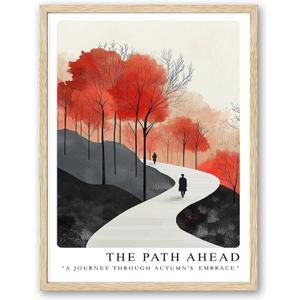 Natural Wood Frame Autumn and Winter Forest Street Scene Wall Art, 8x10in Iconic Landscape Canvas Wall-Printed Poster, Classic City Landmark Wall Decoration Bedroom for Living Room