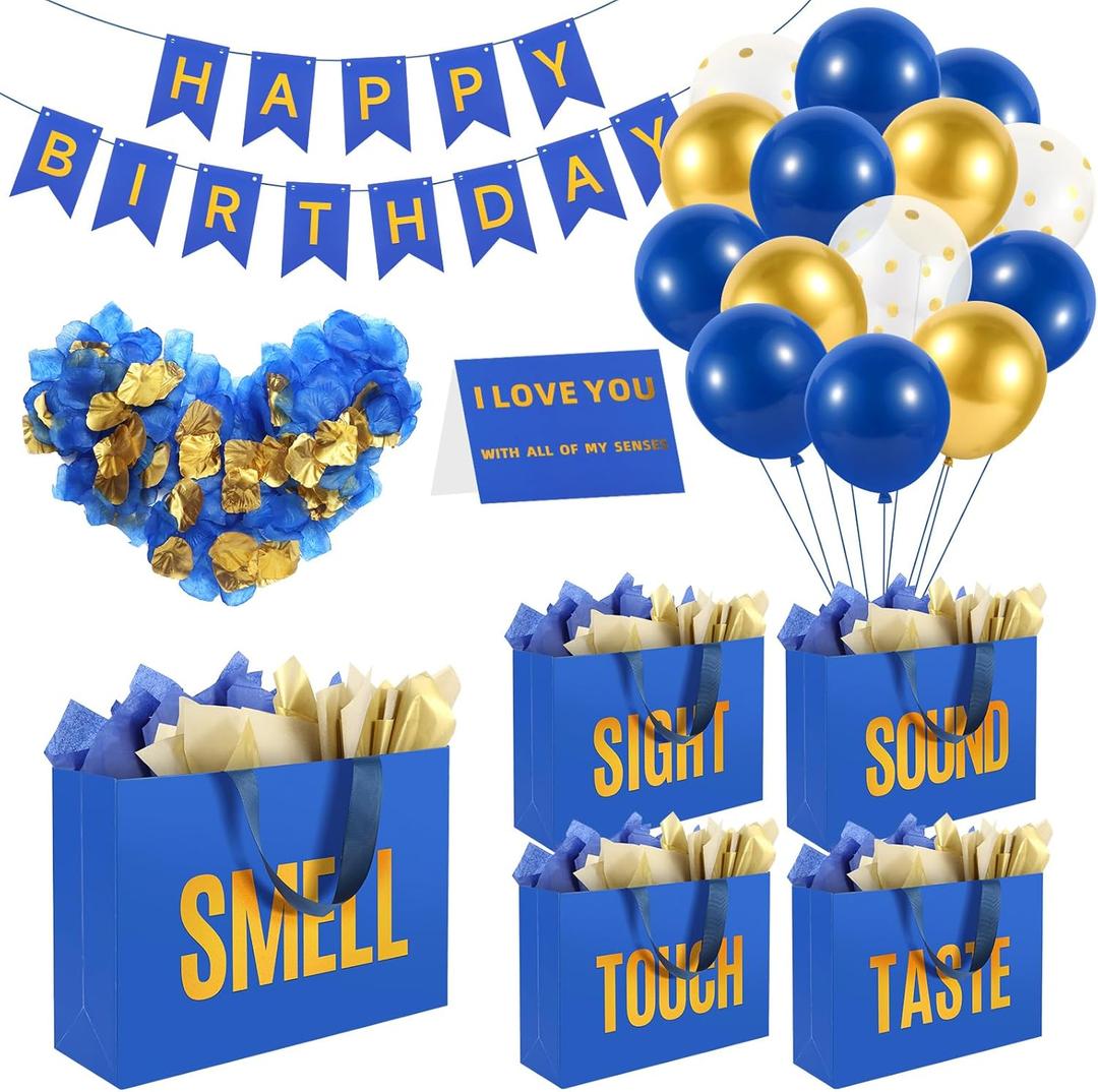 5 Senses Gift Bags For Him With Labels Tissue Paper and Handles, Comes With Birthday Decoration Rose Petals and Happy Birthday Banner Balloons for Christmas (Blue Gold, 12.6 x 8.7 x 4 inch)