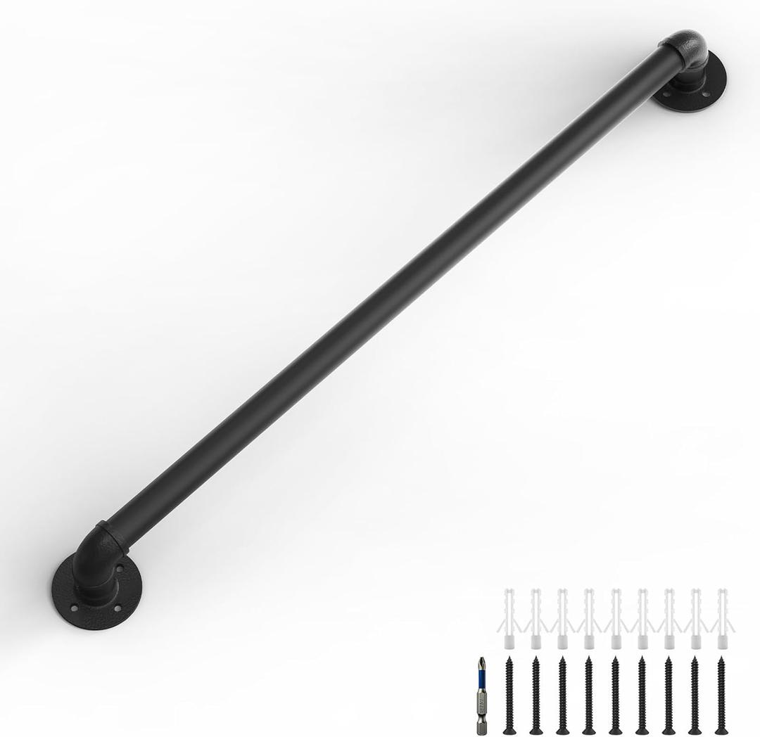 LuckIn 3ft Stair Railing Indoor, Handrails for Indoor Stairs, for Senior and Elderly, Non Slip Safety Rails, Wall Mount & Industrial Pipe, Heavy Duty, Garage Steps Handrail, Black (3 Feet)