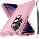 for Samsung Galaxy S25 FE Case with Screen Protector+Camera Lens Cover,Military Grade Heavy Duty Shockproof Phone Cover with Wrist Lanyard Strap for Samsung S25fe,Cute Pink