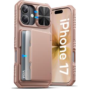 ATATOO for iPhone 17 Case with Card Holder (Store 3-5 Cards) & [RFID Blocking] & Slide Lens Cover, Military Grade Protection, Silicone Protective Wallet Cover Case for iPhone 17 6.3" 2025, Rose Gold