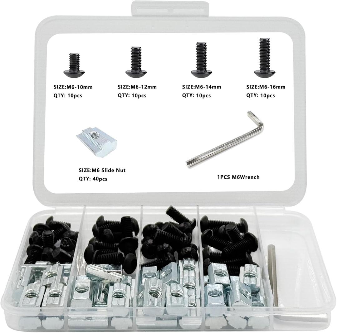 80 pcs M6 T Nut Screws Kit for 1010 1020 Aluminum Extrusion, 40 pcs Black M6x10/12/14/16mm Hexagon Socket Screws and 40 pcs M5 Sliding T-Nuts with 1 pcs M6 Hex Wrench