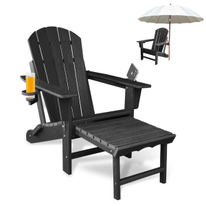Folding Adirondack Chair with Ottoman, HDPE All-Weather Adirondack Chair with 2 Cup Holders and Wood Texture Design, Outdoor Chairs for Pool, Garden, Porch, Lawn, Black