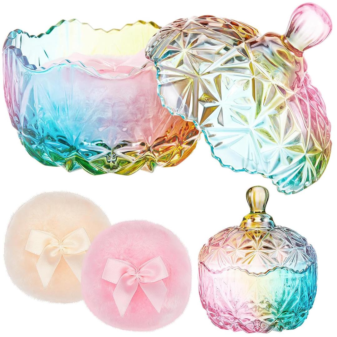 Tioncy 3 Pcs Large Body Powder Puff and Container Powder Container with Puff Crystal Case Soft Washable Reusable Velour Face Body Glitter Wet Dry Makeup (Chic,Colorful)