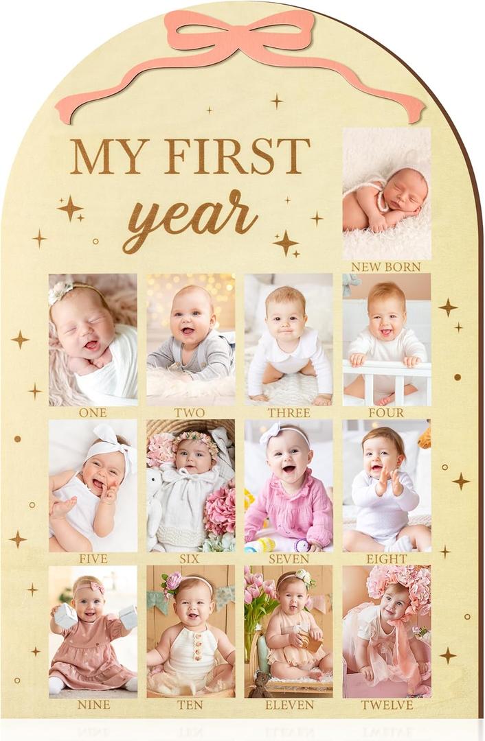 R HORSE My First Year Photo Frame Board, 3D Pink Bow Display Wood Board, Babys First Year 12 Months Milestone Sign 1st Birthday Frame Nursery Decor Keepsake Gift for Boy Girl