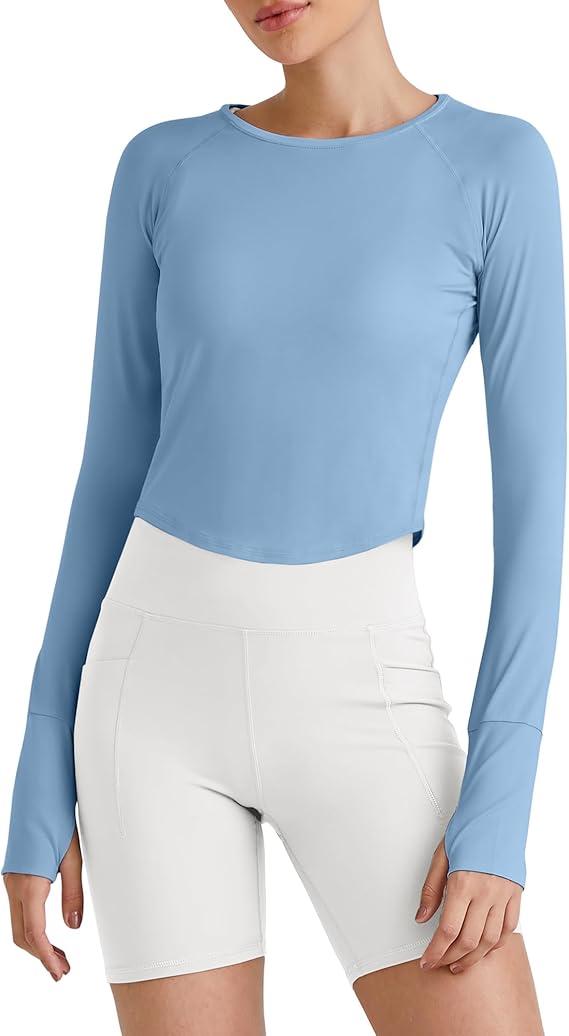 G4Free UPF 50+ Rash Guard for Women Long Sleeve Workout Tops Lightweight Crop Length Sun Shirts UV Protection Athletic Hiking Blue M