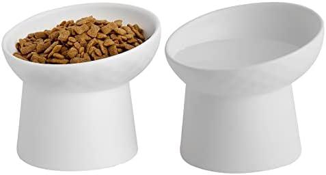 KITCHENLESTAR Ceramic Raised Cat Bowls, Elevated Tilted Cat Food and Water Bowls Set, Porcelain Stress Free Pet Feeder Dish for Cats and Small Dogs, Dishwasher and Microwave Safe, Set of 2(White)