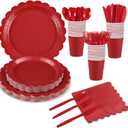175 Pcs Red Plates and Napkins, 25 Guest Red Party Supplies Include Christmas Plates and Napkins Cups Plastic Spoons Forks Knives for Birthday, Christmas, Picnic