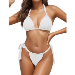 Zonsaoja Women Thong Bikini Side Tie Triangle Two Piece Bathing Suits Halter Knot Swimsuits (Medium, White)