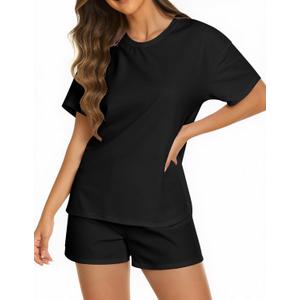 KFUBUO Women 2 Piece Pajamas Set Cute Summer Pj Short Sleeve and Shorts Matching Sleepwear (Small, Solid Balck)