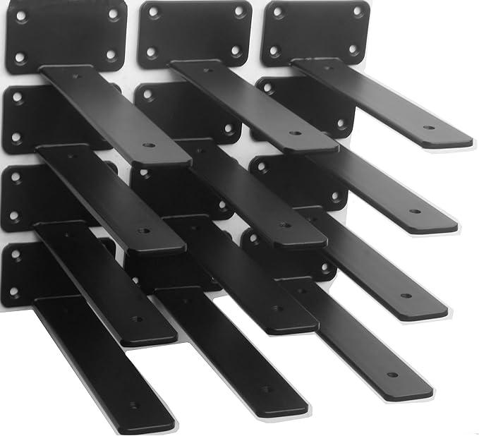 8 Pack  12 inch Black Hidden L Shelf Bracket (1/5 Inch Thicked) Iron Floating Shelf Brackets Rustic Industrial Metal Brackets for Shelf Support