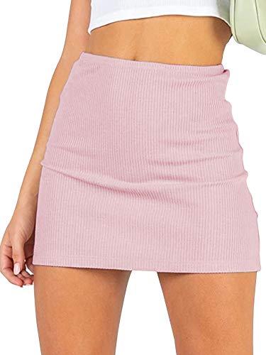 LYANER Women's Basic Ribbed Knit Stretchy Elastic Short Mini Pencil Bodycon Skirt Pink Small