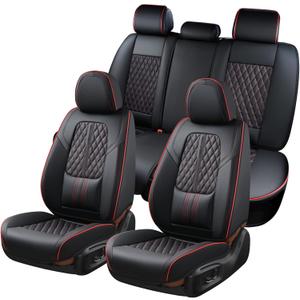 Coverado Car Seat Covers Full Set, Automotive Front and Rear Seat Covers with Backrest, Nappa Leather Car Seat Protectors Waterproof, Universal for Most Vehicles,Black (Black&Red(Lumbar Support))
