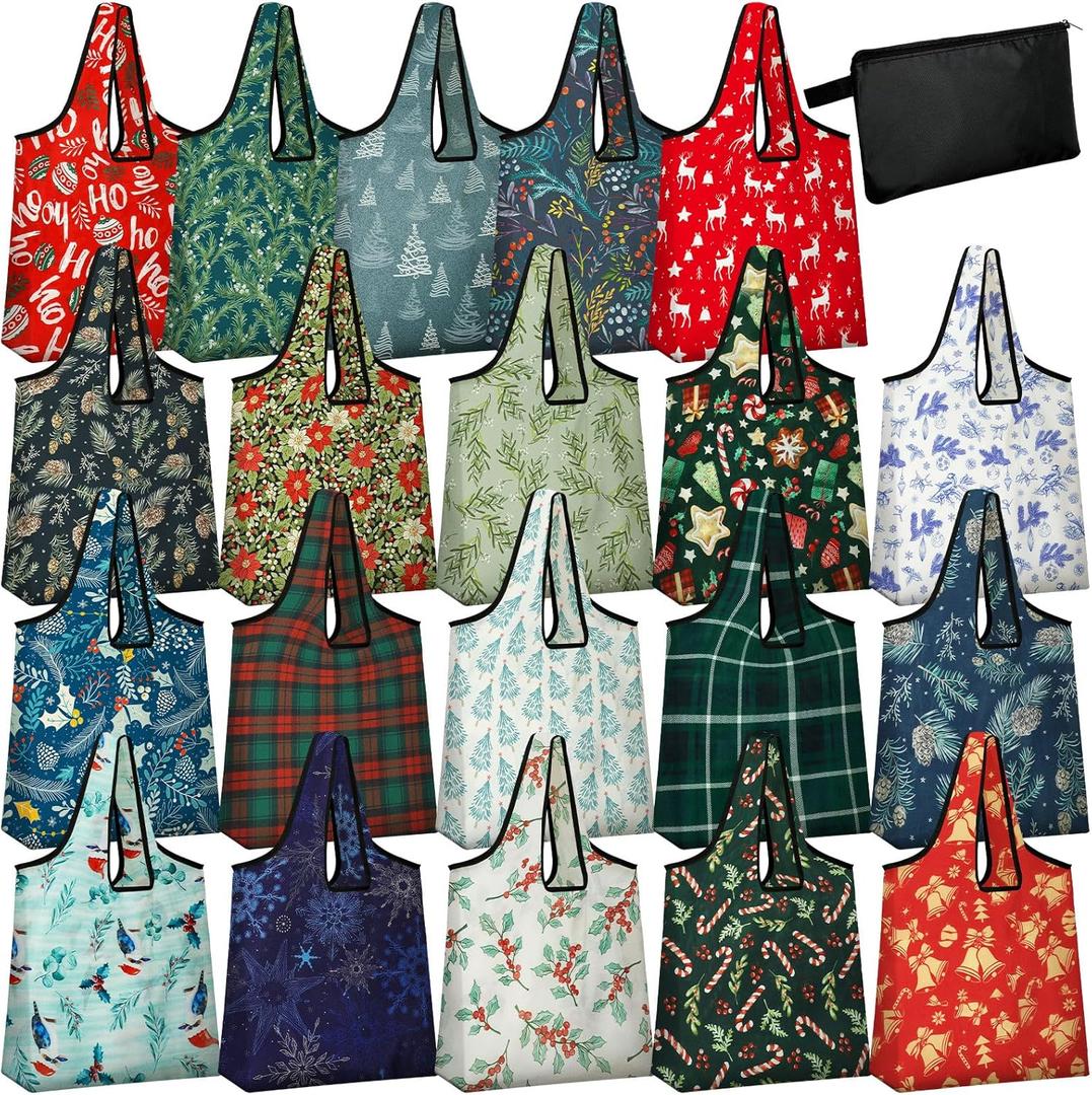 20 Pcs Christmas Gifts Christmas Reusable Grocery Bags Bulk Storage Pouch Shopping Bags Foldable Machine Washable Tote Zipper Pouch for Home