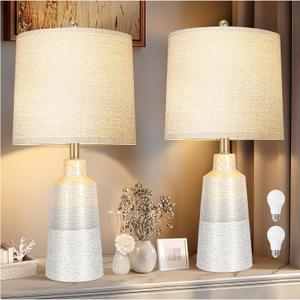 24.5" Ceramic Table Lamps Set of 2 for NightStand,Lamps for Living Room with 3-Way Dimmable Bulb,Rotary Switch,Modern Table Lamp with Linen Shade,Bedside Lamps of Set 2 for Bedrooms(Bulb Included)