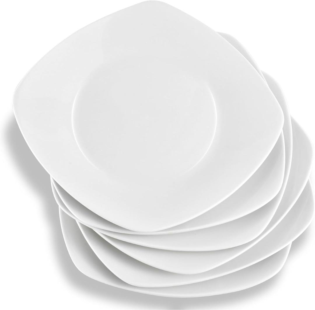 Porcelain Dinner Plates Set of 6, 7 Inch Square Dinner Plates, White Porcelain Dessert Plate, Square Serving Plate for Salad, Pasta, Steak, Snacks