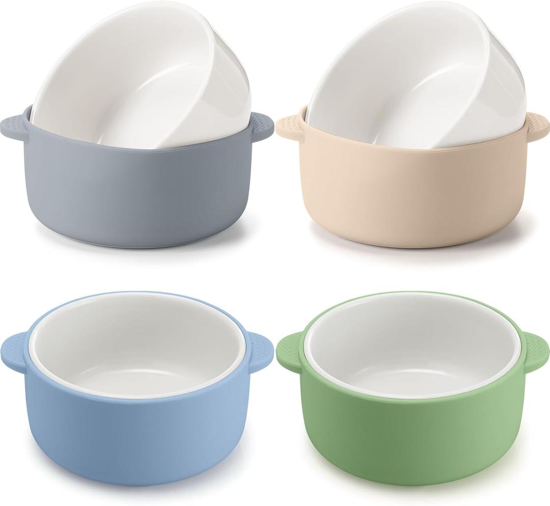 Domensi 4 Sets Kids Porcelain Bowls with Removable Silicone Sleeve 2-in-1 Porcelain Toddler Bowls Microwave Dishwasher Safe Cereal Snack Soup Dishes for Baby Children Feeding Supplies (Morandi Colors)