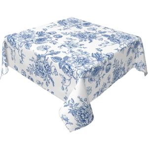 Blue Floral Round Tablecloth 60x60 Inch Square, Blue and White Chinoiserie Flower Toile Table Cloth Spring Decorations Polyester Stain Resistance Table Cover for Party Picnic Kitchen Decor