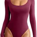 REORIA Women's Sexy Basic Scoop Neck Long Sleeve Double Lined Layering Slim Bodysuit Tops 2XL