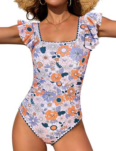 UMIPUBO Tummy Control One Piece Swimsuit for Women Square Neck Ruffled Sleeves White Trim Bathing Suit(Orange Green Floral,M)