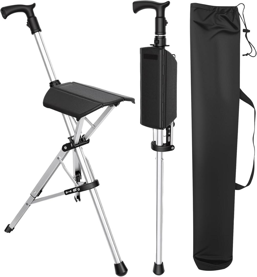 Walking Cane with Seat, 2-in-1 Lightweight Walking Stick Chair for Seniors Adults, 265 lbs Heavy Duty Anti-Slip Trekking Pole with Foldable Seat, Portable Cane Chair for Hiking Camping Fishing Travel, One Size