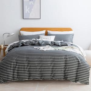 JELLYMONI 100% Natural Cotton 3pcs Striped Duvet Cover Sets, Dark Grey with White Stripes Pattern Printed Comforter Cover, with Zipper Closure & Corner Ties(Queen Size) (0606)
