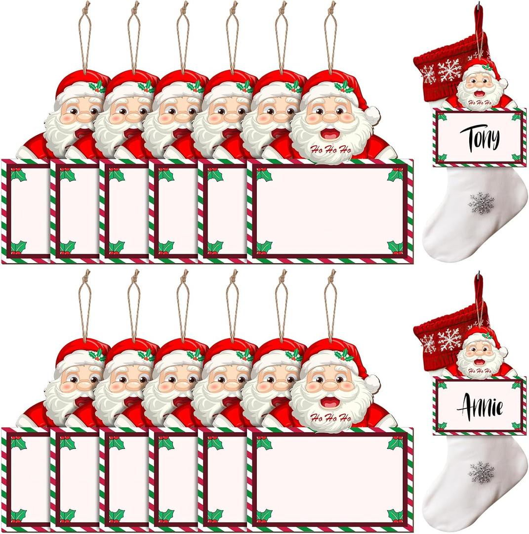 12 Pack Santa Claus Christmas Stocking Name Tags Hohoho Wooden Stocking Labels Gift Tags Santa Hanging Ornament with Rope Red Berry Wooden Name Tag for Xmas Holiday Decoration
