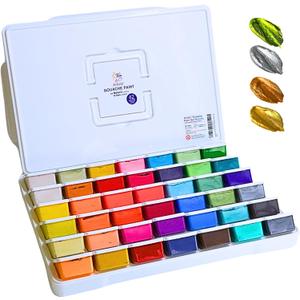 Gouache Paint Set 42 Colors, 50ml Cups with Lids – 24 Metallic & 18 Basic Shades, Refillable Gouache, Opaque & Creamy, Leakproof Storage, Travel Case, Non-Toxic