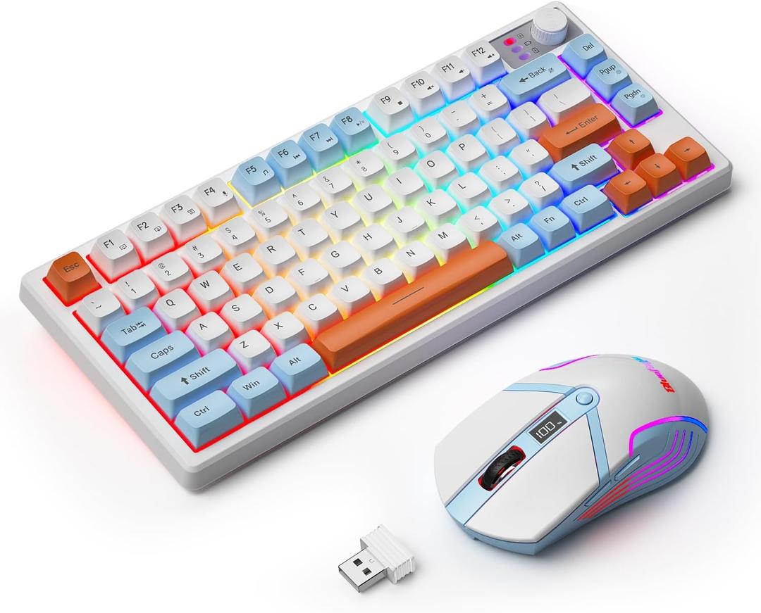 BlueFinger 75% Wireless Gaming Keyboard and Mouse with Smart Display, Rechargeable Light Up Wireless Keyboard with Knob Control, RGB Backlit Gaming Mouse for Mac Laptop Computer PC Gamer (White)