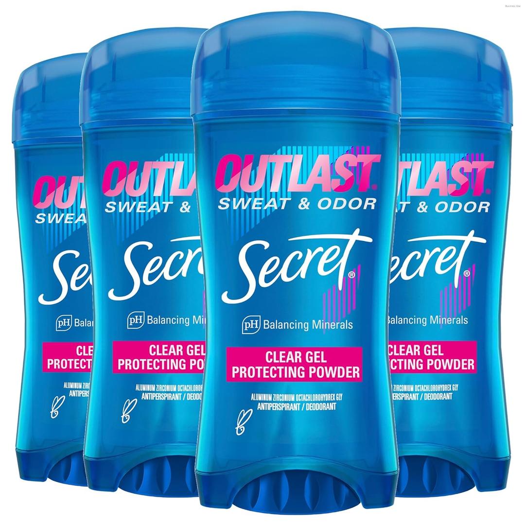 Secret Outlast Antiperspirant Deodorant for Women, 72hr Sweat & Odor Protection, PH Balancing Minerals, Clear Gel, Protecting Powder Scent, 2.6 oz (Pack of 4)