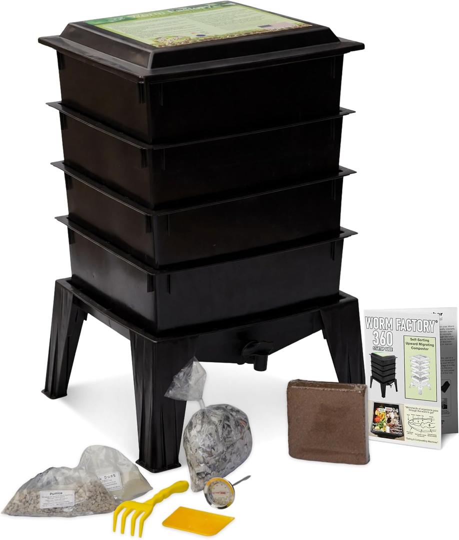 Worm Factory 360 Black US Made Composting System for Recycling Food Waste at Home 4 Trays for Efficient Vermicomposting Durable, Space-Efficient Design, Easy to Assemble, No Odor