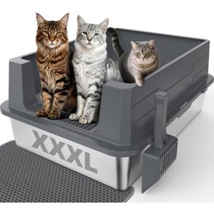Stainless Steel Litter Box Extra Large for Big Cats Multi-Cats, Jumbo Extra Large Metal Cat Litter Box with High Sided Lid, Anti-Urine Leakage, Non-Stick,Include Litter Scoop (XXXL, Dark Grey)