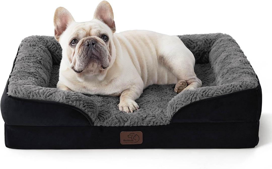 Bedsure Orthopedic Dog Bed Medium Size Dogs - Washable Medium Dog Cat Bed Waterproof, Comfort Pet Couch Sofa with Washable Removable Cover, Pets Bed with Nonskid Bottom, Plush-Black, 28"l X 23"w X 6.5"th