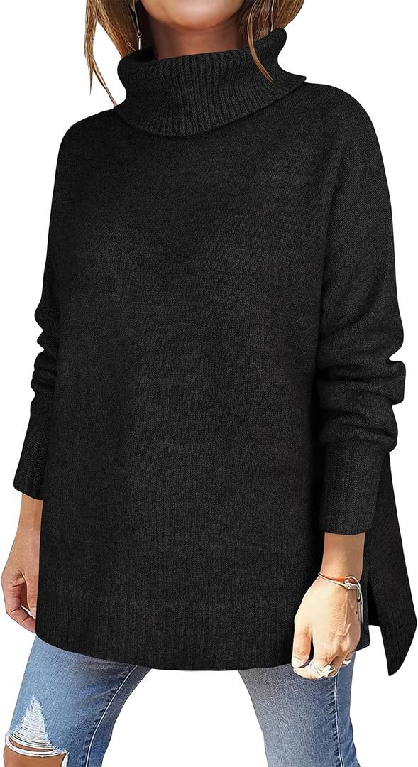 ANRABESS Womens Oversized Turtleneck Sweaters Casual Fall Long Sleeve Knit Spilt Hem Tunic Pullover Tops 2025 Winter Outfits (Medium, Black)