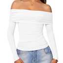 Aprilake Women's Sexy Off Shoulder Tops Casual Long Sleeve Slim Fitted Trendy Y2k Going Out Shirts White, M