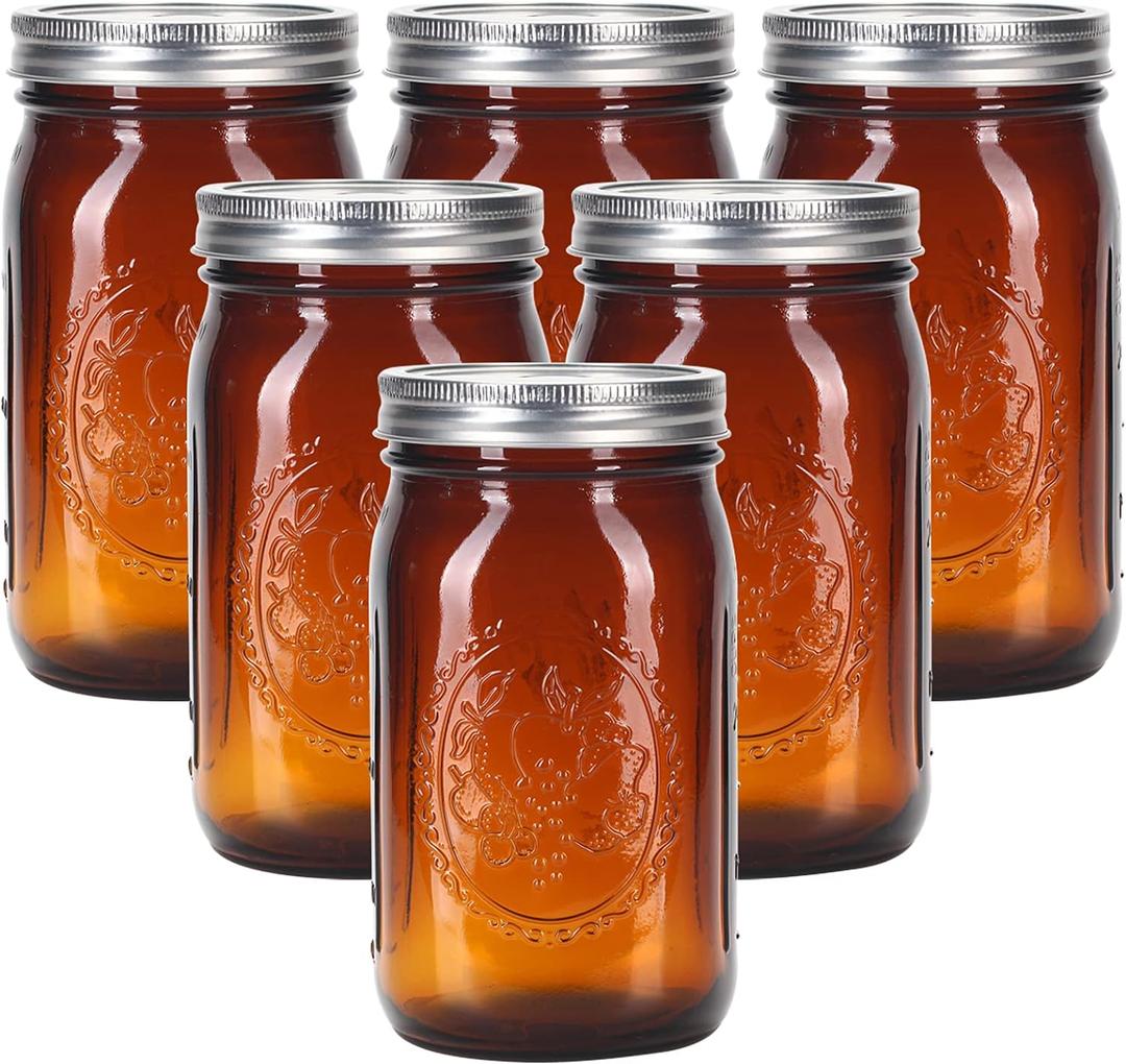 eleganttime Amber Glass Mason Jars 32 oz Wide Mouth with Airtight Lids and Bands 6 Pack Large Glass Canning Mason Jars Quart,Great for Canning Jar Pickle Fermenting Jam Jar