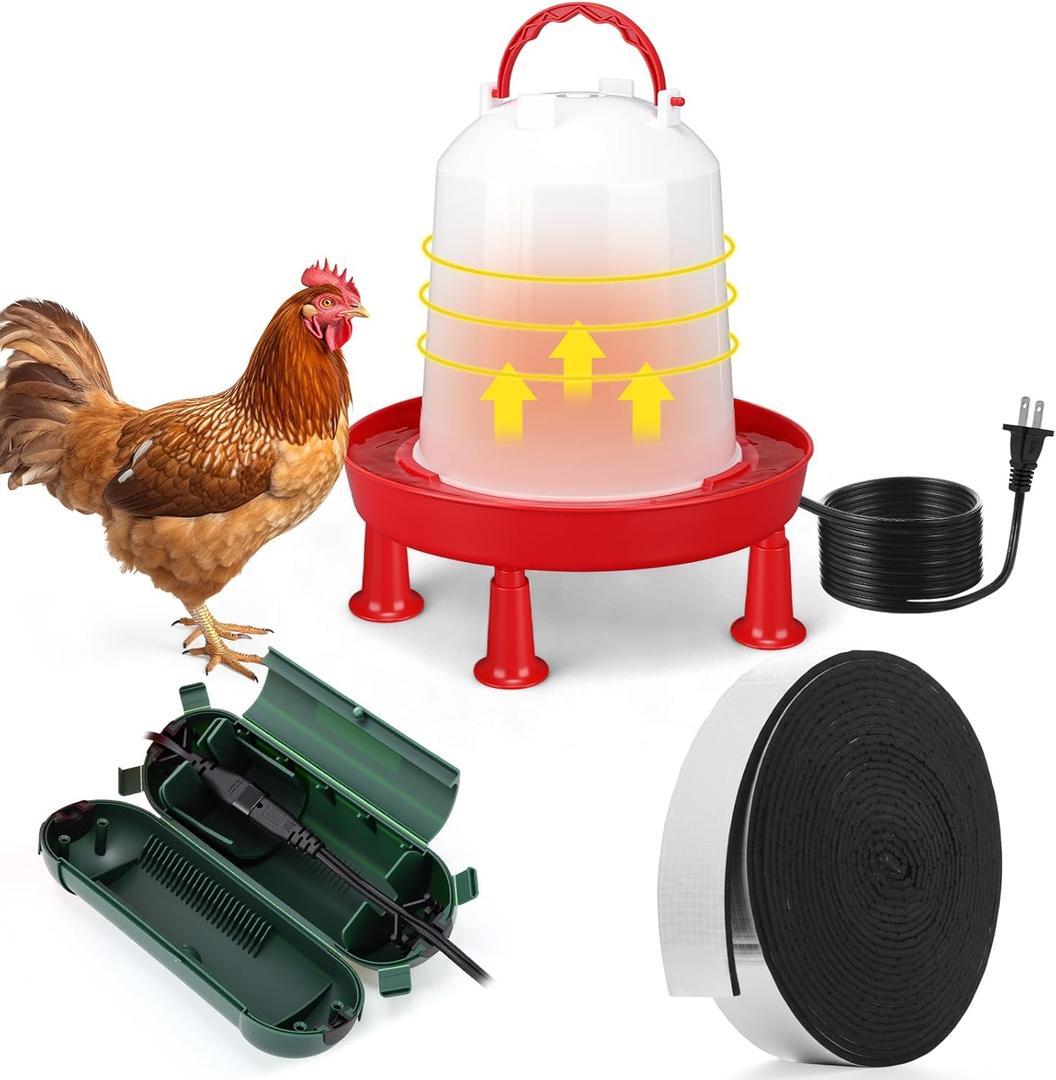 3 Pcs 6L Heated Chicken Waterer for Winter 1.6 Gallon Heated Poultry Waterer with Leg Support Chicken Water Heater for Winter with Outdoor Extension Cord Cover and Pipe Insulation Tape Wrap