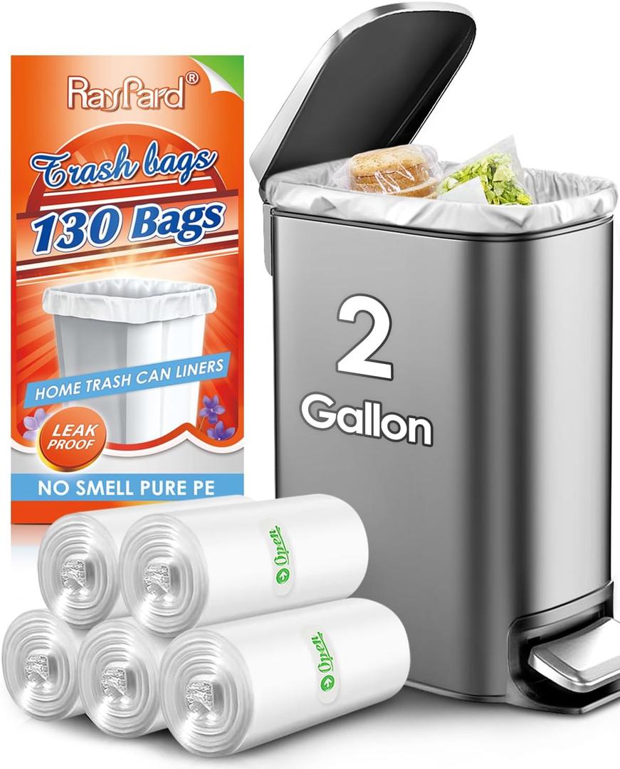 2 Gallon 130 Counts (fit 1.8-2 Gal) Small Trash Bags Garbage Bags by RayPard, 6-7.5 Liter Waste Basket Liners fit 1.6-2, 2.1, 2.2 Gal Trash Can for Home Office Kitchen Bathroom Bedroom, Clear 5 Pack
