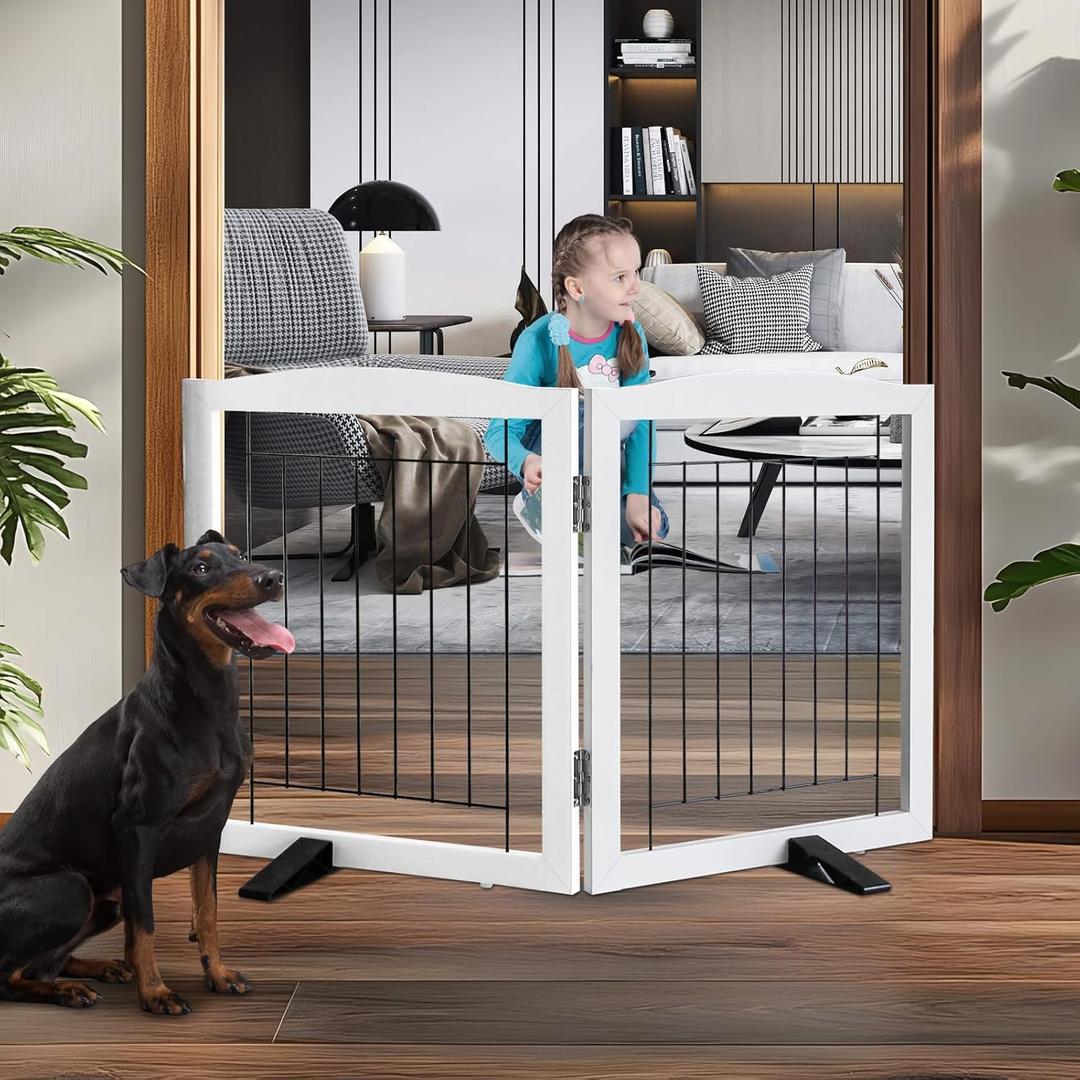 Dog Fence Indoor - 2-Panel Freestanding Dog Gate for Doorways, Hallways, House or Stairs -40x24-Inch Retractable Foldable Expandable Wood Pet by SFJC (White)