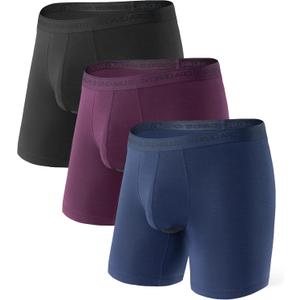 DAVID ARCHY Men's Underwear Ultra Soft Modal Dual Pouch Trunks Ball Pouch Bulge Enhancing Boxer Briefs for Men 3 or 4 Pack (Large, C4, Black/Merlot/Navy - 6.5" in 3 Pack)