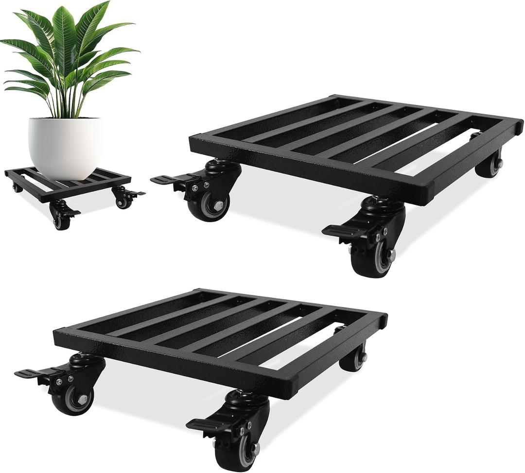 Plant Caddy with Wheels 10'' 2 Pack Metal Rolling Plant Stand Plant Dolly with Lockable Casters Aluminium Heavy Duty Pot Mover Rollers Indoor Outdoor Planter Trolley Holds up 440 Lbs Planter Black