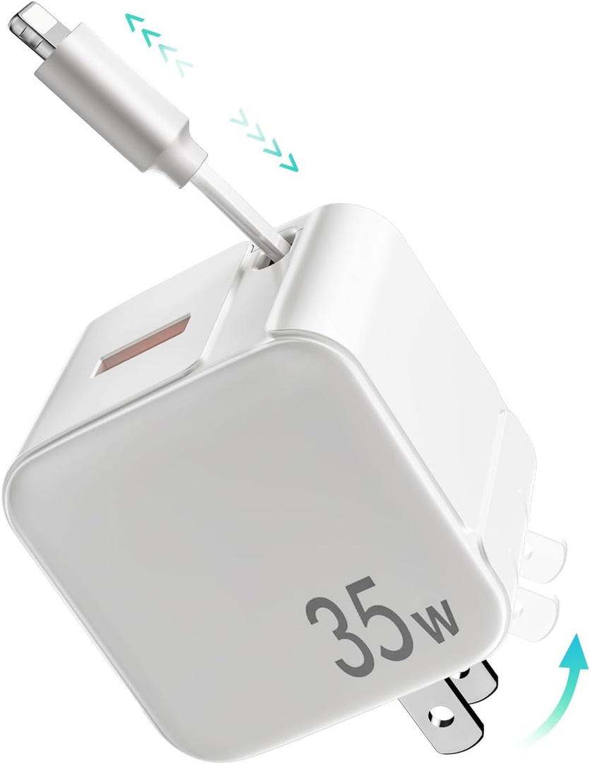 Retractable Wall Charger Block for iPhone, 35W PD Fast Charger With Lightening Cable and USB Port, Portable Adapter With Foldable Plug for iPhone14/13/12, iPad, Air-Pods White