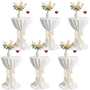12 Pcs Cocktail Table Covers with Satin Sash, 34 x 45 in Round Cocktail Tablecloths Bar High Top Stylish and Elegant Table Cover Skirt for Weddings Parties Banquets (White,Light Beige)
