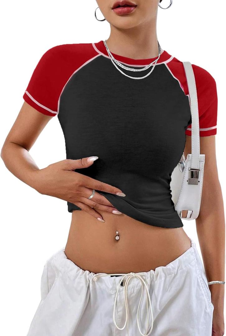 Avanova Women Raglan Colorblock Baby Tee Shirt Short Sleeve Summer Casual Tops, Medium