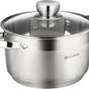 Daniks Standard 4 Quart Stainless Steel Stock Pot with Glass Lid, Tri-Ply Bottom for Even Heating, Induction Compatible, Dishwasher Safe, Built-In Measuring Scale, Silver