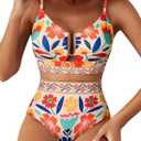 Herseas Womens 2 Piece High Waisted U Wire Bikini Set Floral Print Swimsuit Crisscross Back Bathing Suit Beach Swimwear (Beige, M)