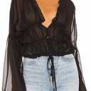 Crop Top Sheer See Through Tops for Women Long Puff Sleeve Chiffon Blouses for Women (X-Large, Black)