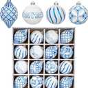 16PCS Shatterproof Christmas Ball Ornaments Set, Hand-Painted Holiday Decor with Assorted Sizes & Designs for Christmas Tree Thanksgiving Party Decoration, Blue-White