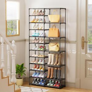 Ekisemio 12 Tier Shoe Rack Tall, Shoe Rack Organizer, Large Capacity Holds 34-50 Pairs, Boot Rack Organizer for Entryway, Closet, Garage, Black, 2 Row 12 Tiers